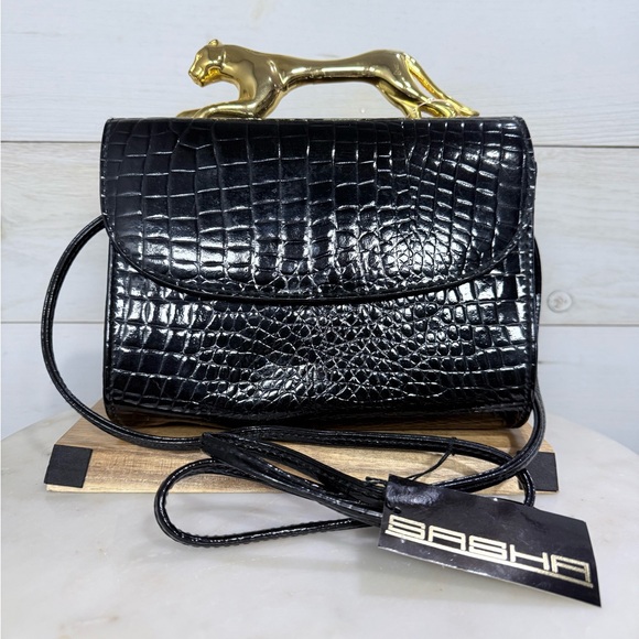 Sasha Handbags - Sasha Vintage Black Crocodile Embossed Bag with Gold Cougar Handle NWT